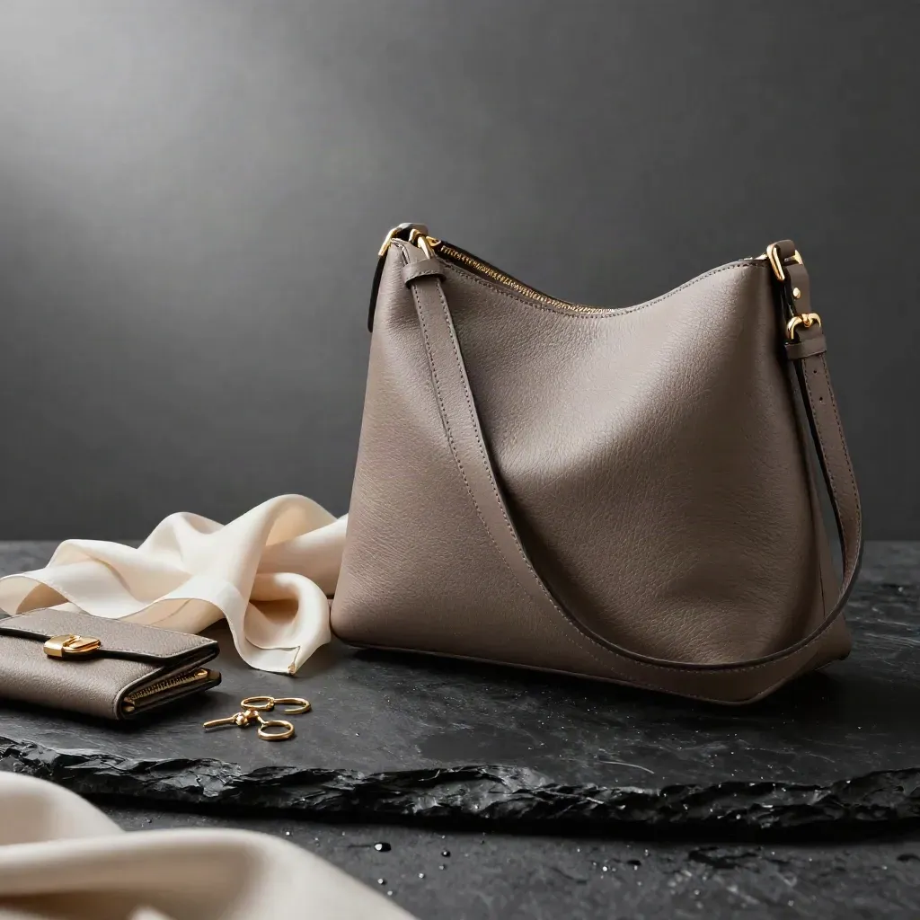 Borsa Luna a tracolla su pietra nera con foulard avorio, portafoglio, orecchini e beauty case