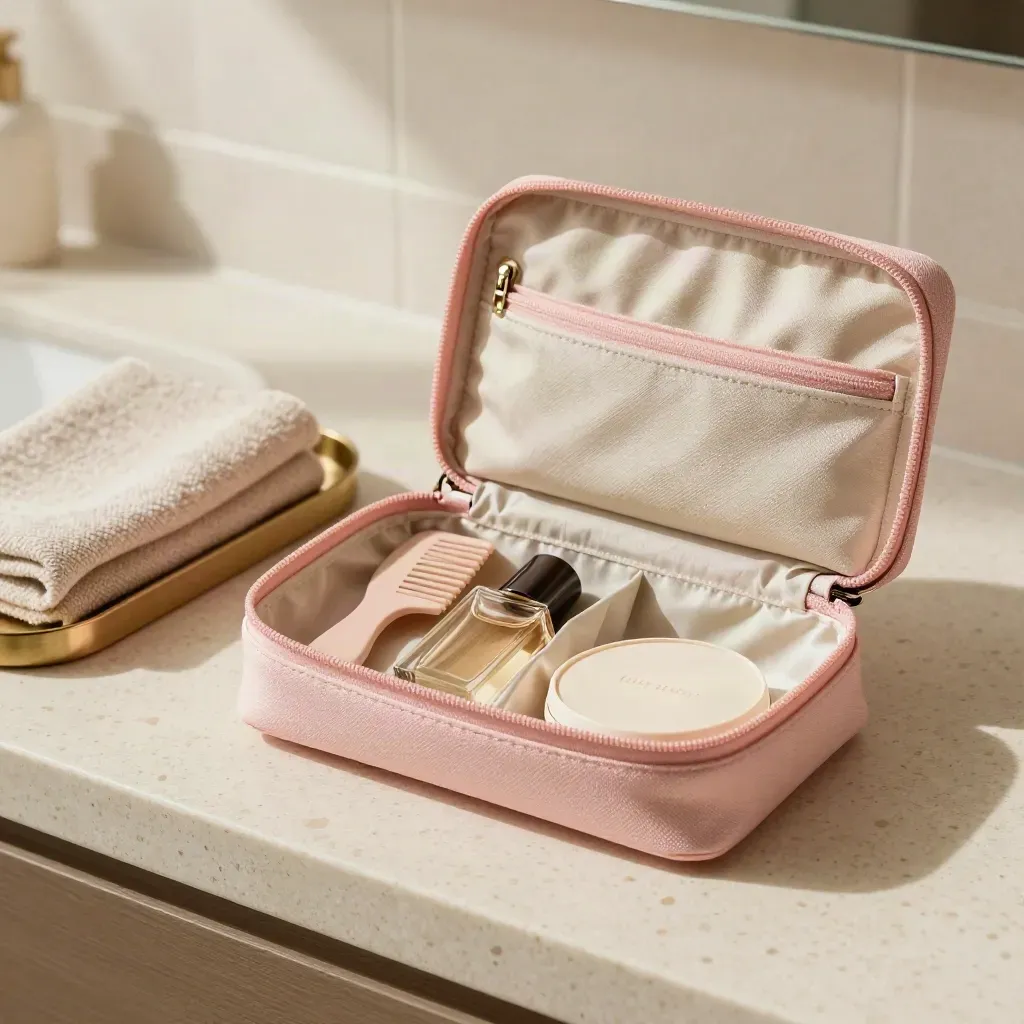 Beauty case rosa cipria semiaperto su travertino con pouches avorio e accessori ordinati.
