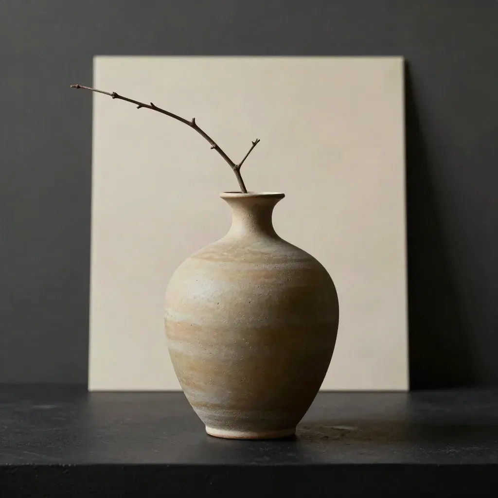 Vaso in ceramica opaca con ramo secco su base nera, luce drammatica e sfondo chiaro sfocato.