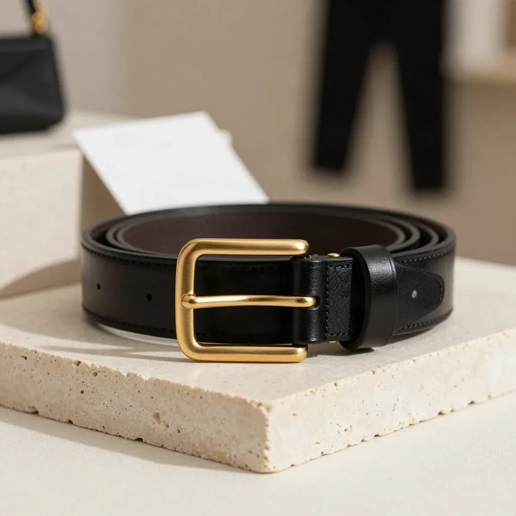 Cintura nera con fibbia oro arrotolata su blocco di pietra chiara, look elegante in studio.