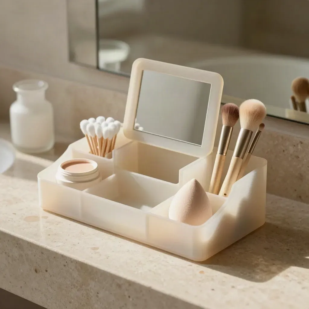 Organizer vanity avorio trasparente con beauty tools neutri su piano in pietra
