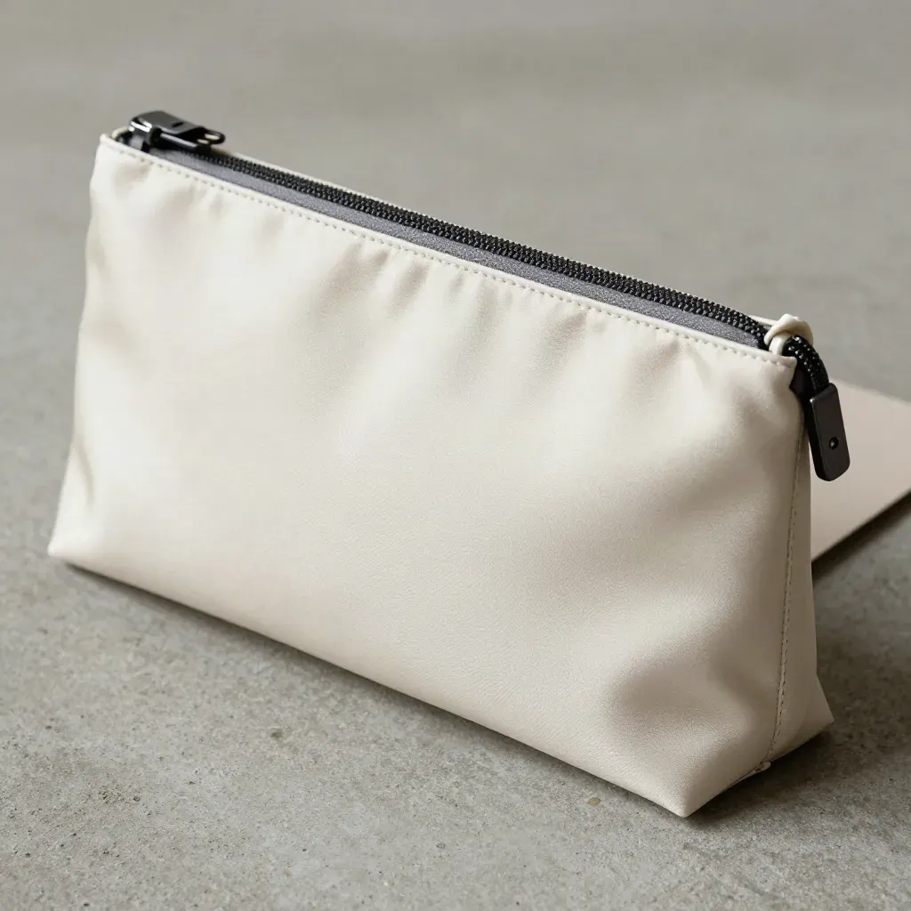 Pochette in seta avorio con zip invisibile, macro laterale su fondo grigio concreto.
